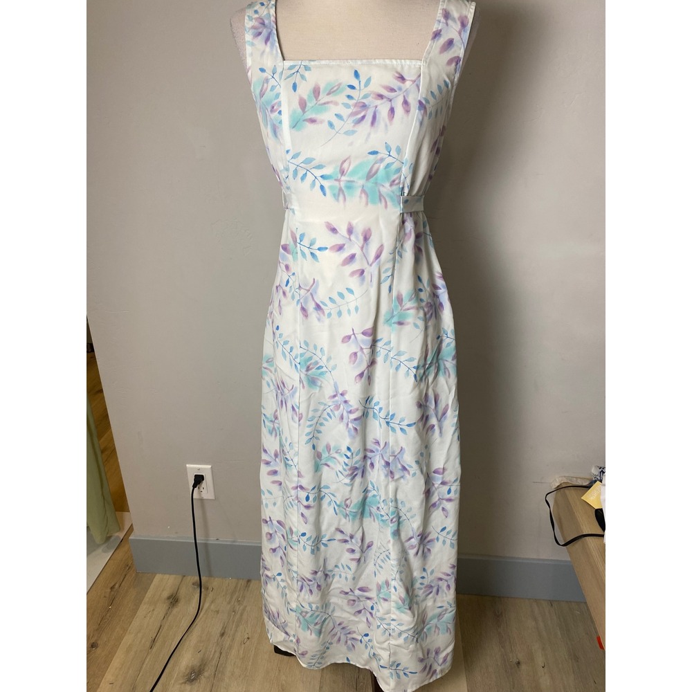 Jonathan Martin 90's Vintage Maxi Dress White Purple Blue Leaf Print 11/12